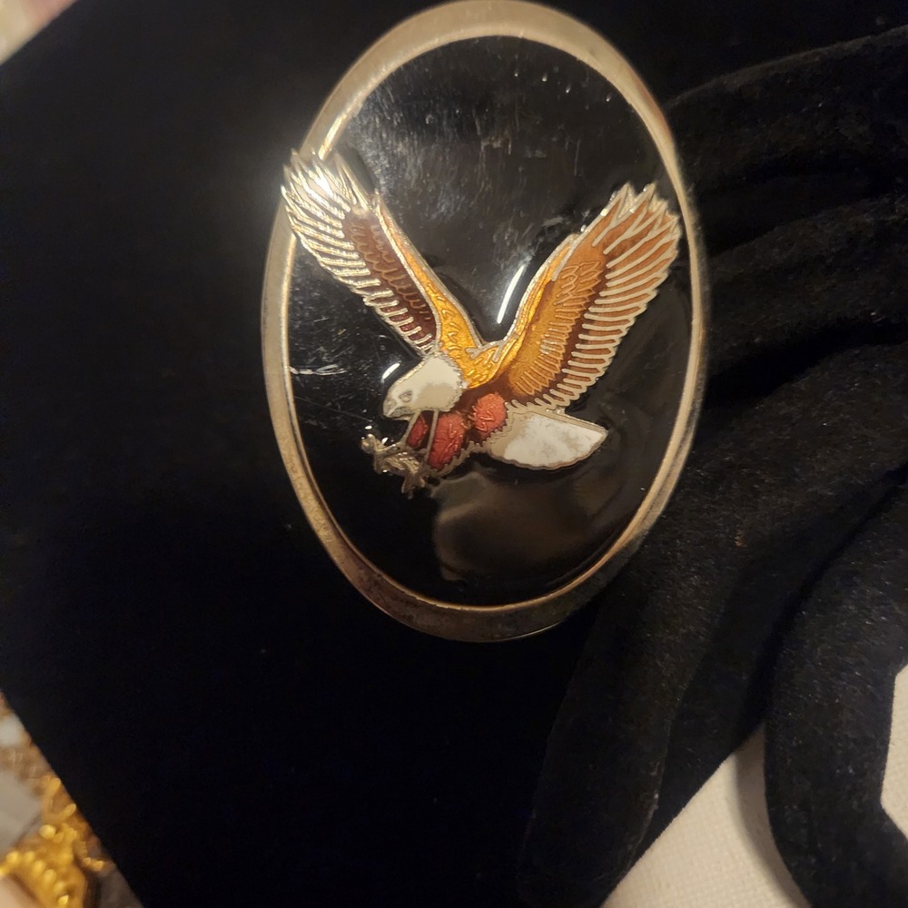 Vintage Soaring Eagle Bolo Black Enamel Silver Tone Oval Western Americana